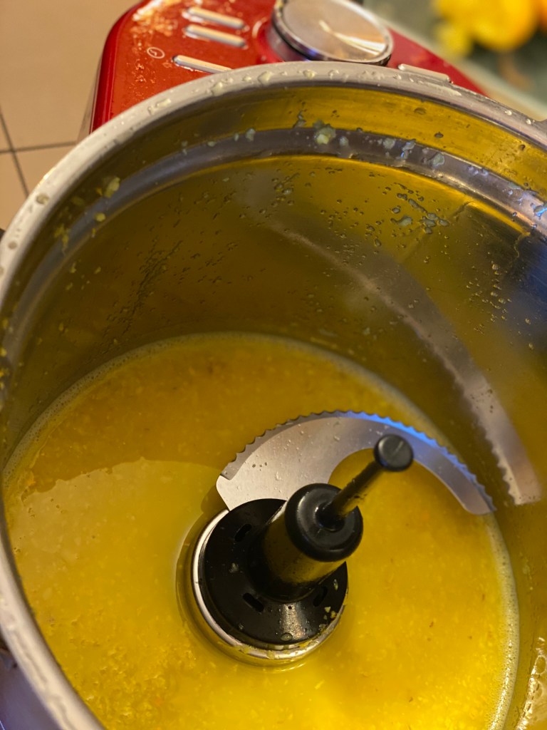 Blick in die Küchenmaschine mit klein gehäkseltem Ingwer, Orangensaft, Zitronensaft und Kurkuma. Empfehlung und Geschenkidee von Anna-Lena Tacke