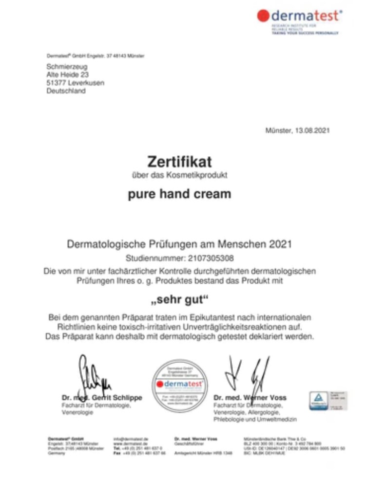 Zertifikat über dermatologische Prüfung von Schmierzeug. Mit sehr gut ausgezeichnet.
